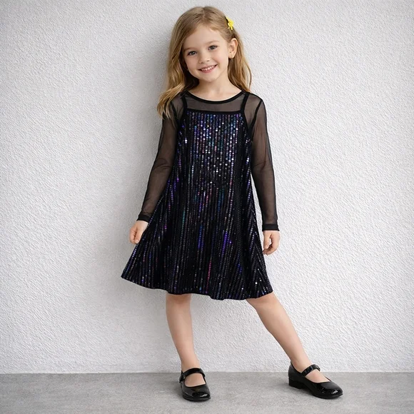 Honey and Rosie Girls Black Velvet Dress with Sequins Size 7 Mesh Shirt - Picture 1 of 11